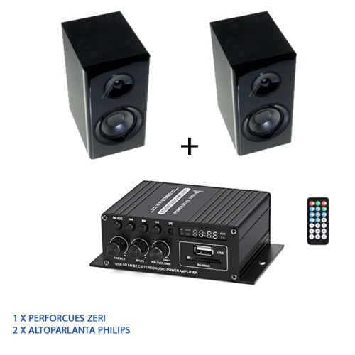 Komplet i 2 altoparlantëve (PHILIPS) dhe përforcues zëri me Bluetooth, AUX, USB MP3 etj.