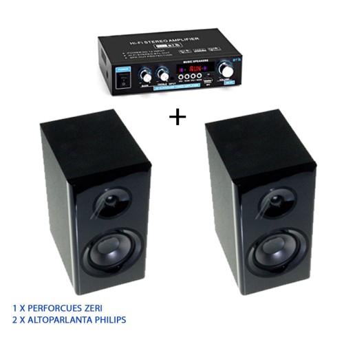 Komplet i 2 altoparlantëve (PHILIPS) dhe përforcues i fuqishëm zëri me Bluetooth, AUX, USB MP3 etj.
