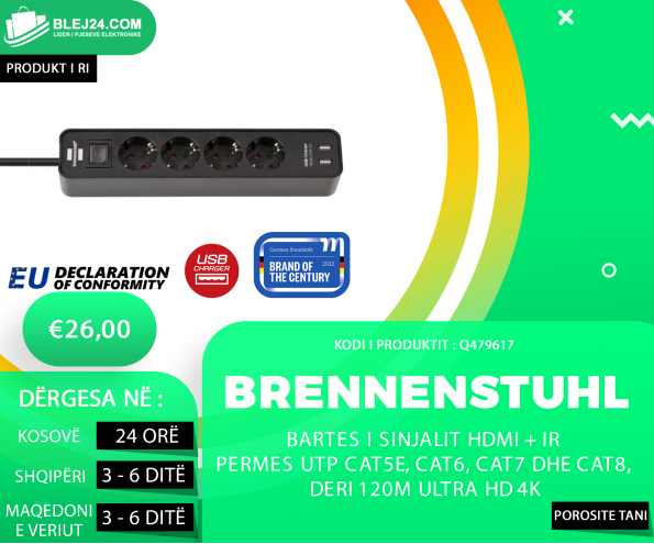 Shpërndarës rryme Brennenstuhl - Gjerman me 4 dalje dhe 2 USB, kablli 1.5M