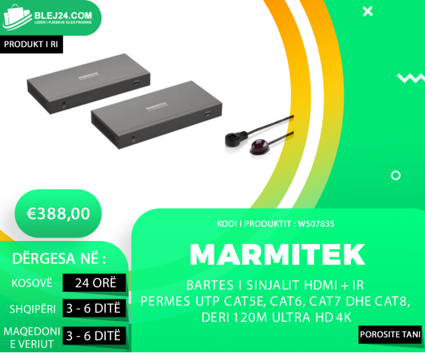 Bartes I sinjalit HDMI + IR ( teledirigjuesit ) permes UTP Cat5e, Cat6, Cat7 dhe Cat8, deri 120m Ultra HD 4K - Marmitek